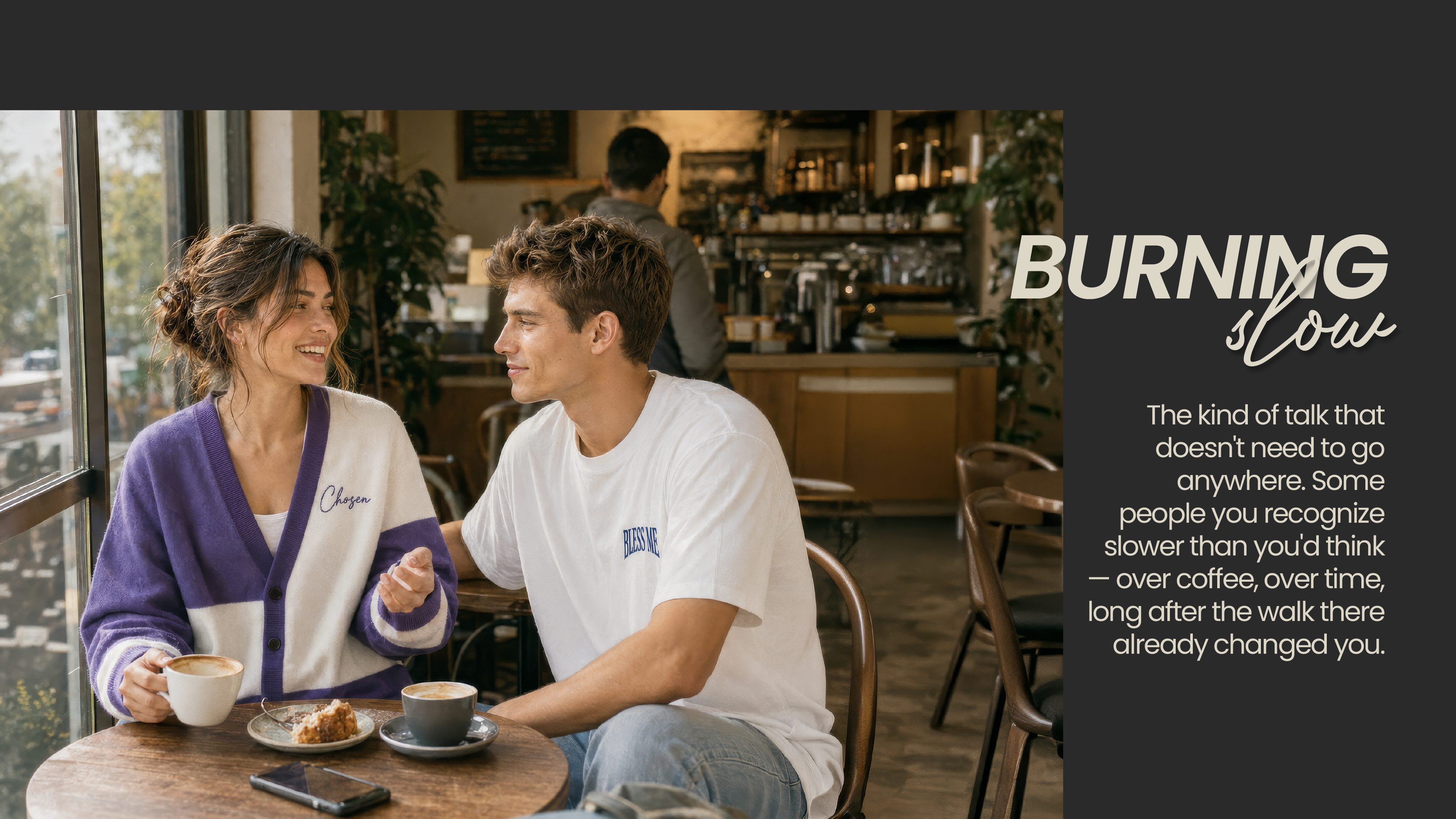Couple at a café wearing Hesed Chosen Violet Knitted Cardigan and Bless Me Boxy Tee